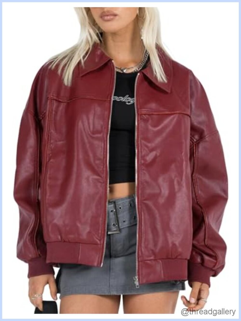 Women's Oversized Faux Leather Bomber Jacket Motorcycle Zip Up Coat - Picture 1 of 6